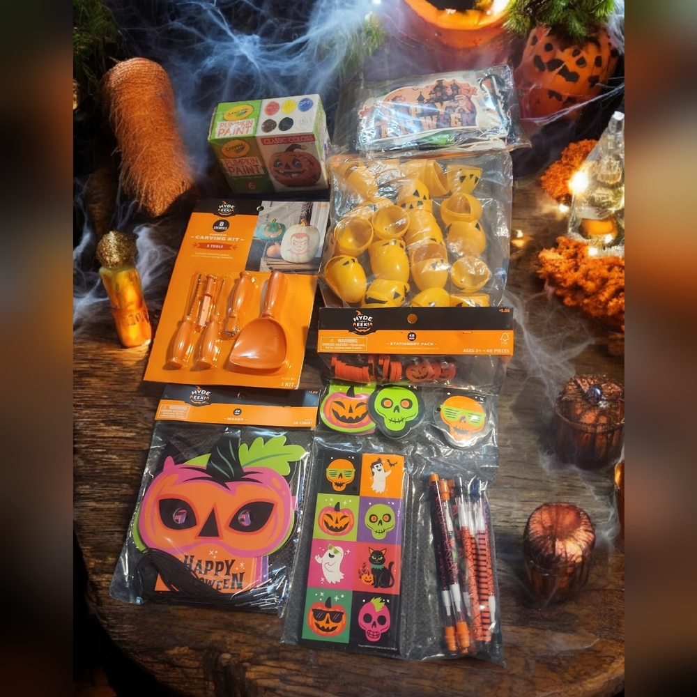 Halloween Party Kit With Decor, Pumpkin Carving/Painting Kits, Favors, & Masks.